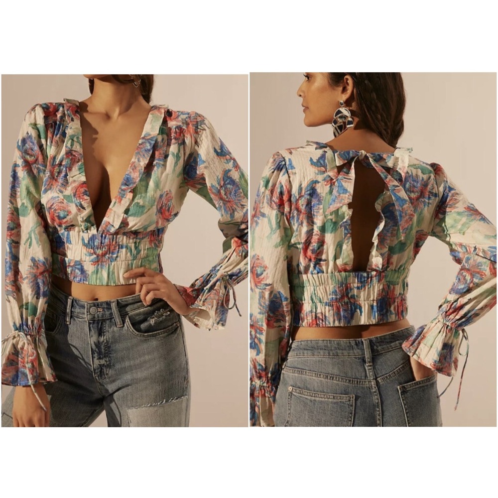 By‎ Anthropologie Boho Tie Back Floral Ruffle Long Sleeve Crop Top Women's Small